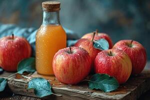 ai genererad äpple juice är färsk och friska, och färsk äpplen är liggande på de tabell Nästa till den foto