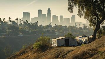 ai genererad flykting läger skydd för hemlös i främre av los angeles stad horisont foto