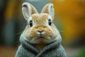 ai genererad eleganta kanin i värma kläder utomhus foto