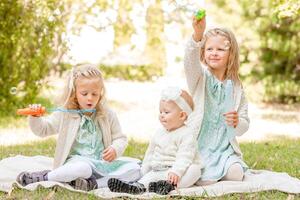 3 systrar på en picknick spelar med tvål bubblor. sommar högtider 3 blond flickor. foto