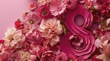 ai genererad siffra 8 i en rosa blommig design. premie papper skära baner med blommor och kopieringsutrymme, till fira internationell kvinnas dag foto