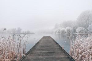 kvällens vinterlandskap. träbrygga över en vacker frusen sjö. träd med frost, lugnt säsongsbetonat vinterlandskap. lugn, vit utsikt foto