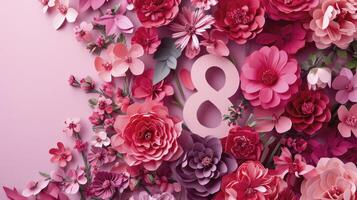 ai genererad siffra 8 i en rosa blommig design. premie papper skära baner med blommor och kopieringsutrymme, till fira internationell kvinna dag foto
