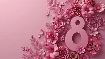 ai genererad siffra 8 i en rosa blommig design. premie papper skära baner med blommor och kopieringsutrymme, till fira internationell kvinna dag foto