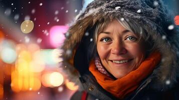 ai genererad kväll porträtt av glad mitten åldrig kvinna på vinter- gata upplyst förbi vibrerande natt lampor foto