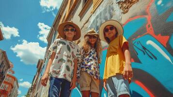 ai genererad tre vänner i färgrik kläder har roligt på en sommar semester utanför foto