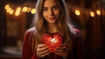 ai genererad kvinna innehav hjärta symbol valentine dag gåva. kärlek och romantisk känsla begrepp. foto