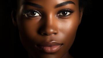 ai genererad strålnings afrikansk amerikan skönhet närbild fotografera fångande de strålnings och bemyndigande skönhet av ett afrikansk amerikan kvinnas ansikte, perfekt för fira mångfald och individualitet foto
