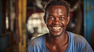 ai genererad Lycklig somalisk pirat. glad leende porträtt realistisk fotografi fångande en ung man med en skön leende, strålande lycka och positivitet. foto