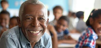 ai genererad person leende i främre av människor i skola klassrum, grandparentcore foto