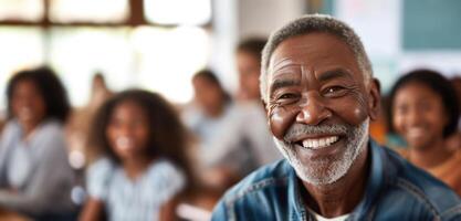 ai genererad person leende i främre av människor i skola klassrum, grandparentcore foto