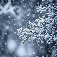 ai genererad vinter- snö bakgrund med grenar och snöflingor foto