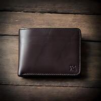 ai genererad de mörk brun läder plånbok är Sammanträde på en trä- tabell foto