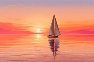 ai genererad solnedgång ljus reflekterande på en segelbåt foto