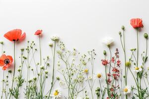 ai genererad en bukett av blommor spridd på vit papper med löv foto