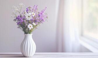 ai genererad en vit vas som innehåller blommor Sammanträde på en trä- avsats foto