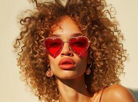 ai genererad kvinna med en lockig ansikte bär röd hjärta formad solglasögon foto
