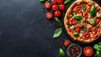 ai genererad beautuful pizza bakgrund med kopia Plats foto