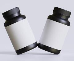svart piller flaska vit märka för attrapp samling. illustration 3d tolkning, perfekt för medicinsk, kosmetisk, protein, apotek Produkter och etc foto