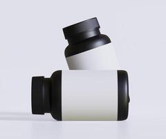 svart piller flaska vit märka för attrapp samling. illustration 3d tolkning, perfekt för medicinsk, kosmetisk, protein, apotek Produkter och etc foto