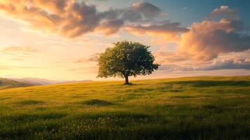 ai genererad ett träd på en bred gräs enkel med en blå-rosa himmel. en skön landskap solnedgång. hög upplösning. ai generativ foto