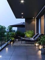 ai genererad minimalistisk modern balkong design med mörk golv, och växter. hög kvalitet. ai generativ foto