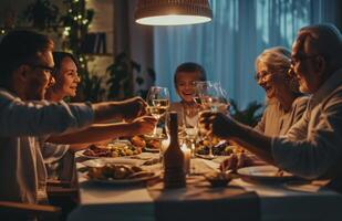 ai genererad Lycklig familj på de middag tabell foto