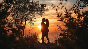 ai genererad romantisk solnedgång silhuett foto