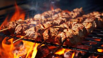 ai genererad utsökt kebab kött på grillspett lögner på en grill med varm kol. ai genererad. foto