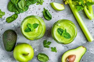 ai genererad grön smoothie tillverkad från äpple, avokado, selleri och spenat i två glas glasögon. ai genererad. foto