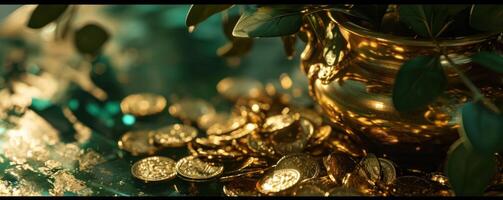 ai genererad full av guld mynt och grön löv i en guld vas foto