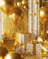 ai genererad gyllene födelsedag kort med guld ballonger foto