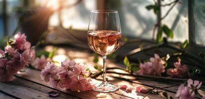 ai genererad en glas av vin i främre av en blomma vas foto