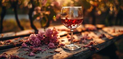 ai genererad en glas av rosa vin med blommor är uppsättning i främre av en trä- tabell foto