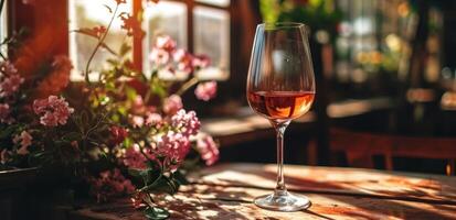 ai genererad en glas av rosa vin med blommor är uppsättning i främre av en trä- tabell foto