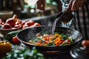 ai genererad en kvinna häller grönsaker in i en wok foto