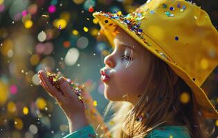 ai genererad en små flicka i en gul hatt slag konfetti i henne hår foto