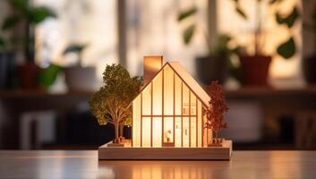 ai genererad en trä- hus modell med en växt i främre av den foto