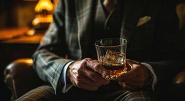 ai genererad en man klädd i en skarp kostymer innehar en glas av whisky foto