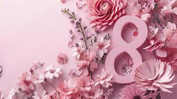 ai genererad siffra 8 i en rosa blommig design. premie papper skära baner med blommor och kopieringsutrymme, till fira internationell kvinnas dag foto