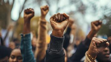 ai genererad multietnisk människor höja deras nävar upp i de luft i en protest. foto