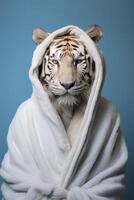 ai genererad tiger med vit morgonrock pastell blå bakgrund. foto