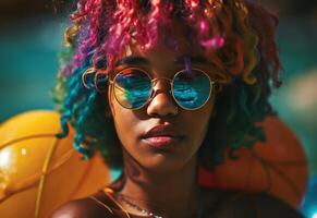 ai genererad en ung kvinna med färgrik afro hår och solglasögon innehav flyter foto