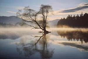 ai genererad wanaka's ensam vide träd som är belägen bara av av de sjö Strand. ai genererad foto