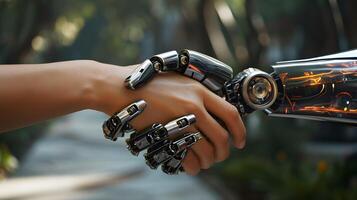 ai genererad trogen robot skakning händer i samarbete med mänsklig foto