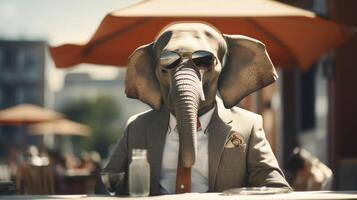 ai genererad elefant är bär en kostym och solglasögon foto