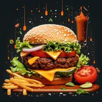 ai genererad mat för snabb mat i form av utsökt varm hemlagad burger med kött kotlett och grönsaker foto