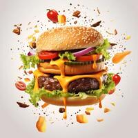 ai genererad mat för snabb mat i form av utsökt varm hemlagad burger med kött kotlett och grönsaker foto