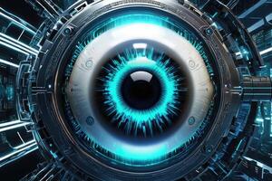 ai genererad biometrisk cybernetiska öga ai artificiell intelligens skanna och nätverk förbi ai generativ foto