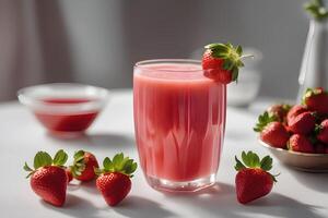 ai genererad nyligen pressas jordgubb juice i en glas förbi ai generativ foto